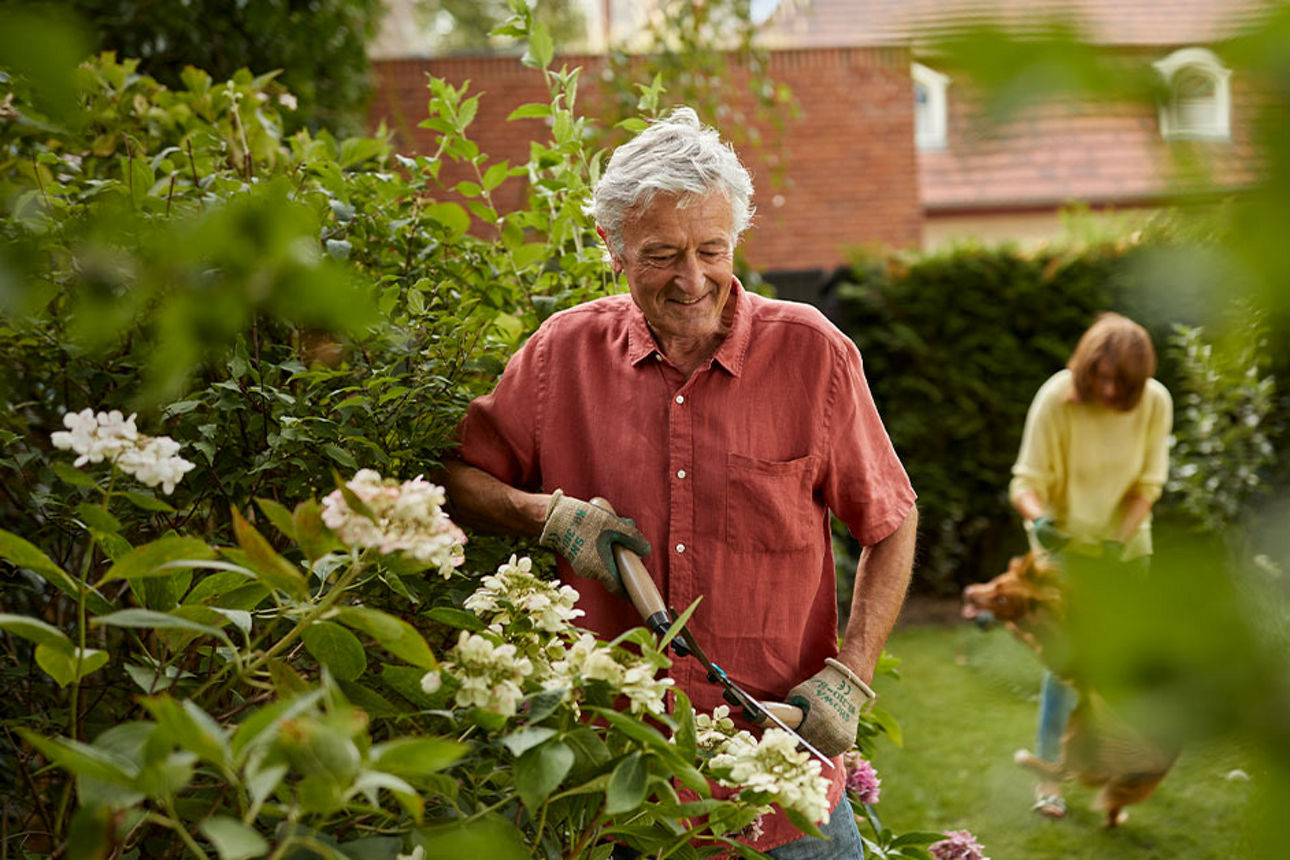 Ehepaar werkelt im Garten