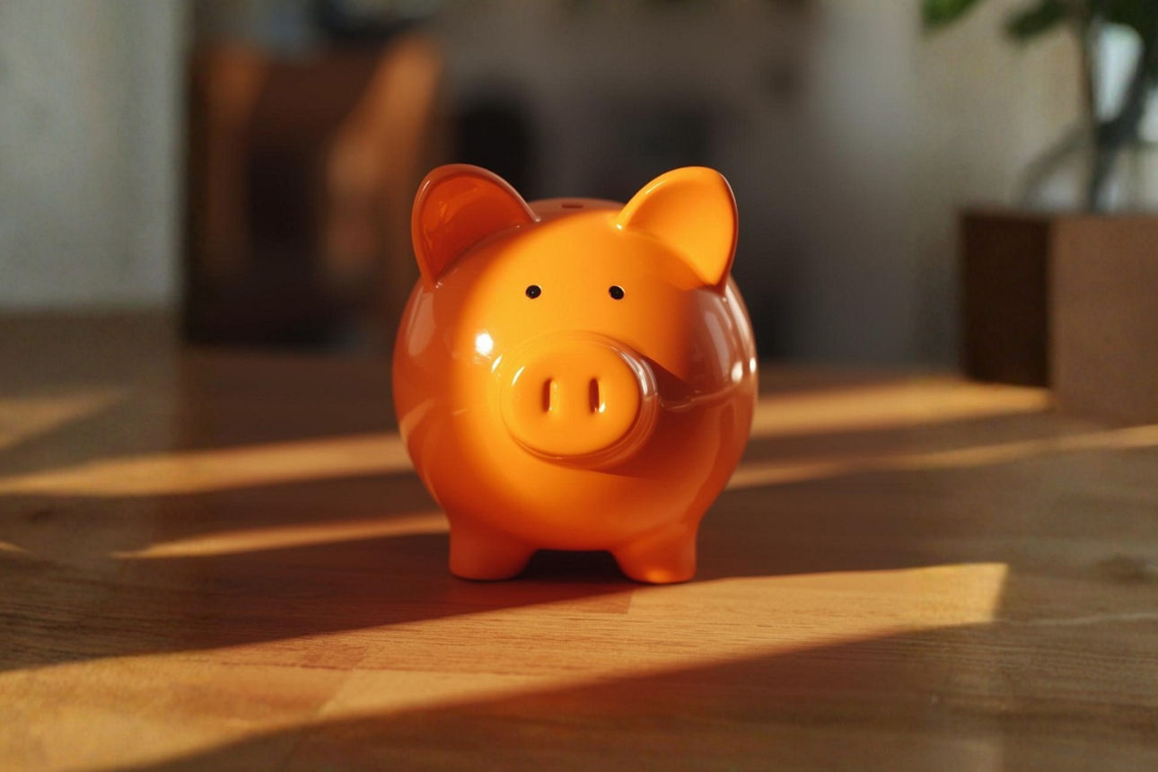 Ein orangenes Sparschwein steht auf dem Tisch