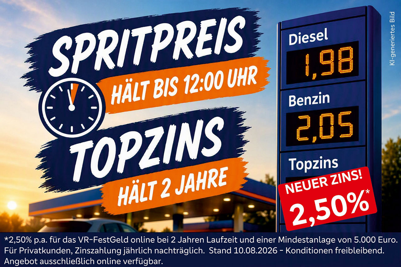 Werbemotiv, das einen bis 12 Uhr geltenden Spritpreisvorteil mit einem zweijährigen Topzins von 2,50 Prozent bewirbt.