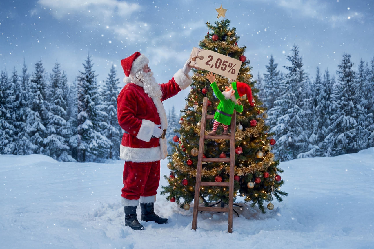 Weihnachtsmann und Wichtel vor einem Weihnachtsbaum in Schneelandschaft