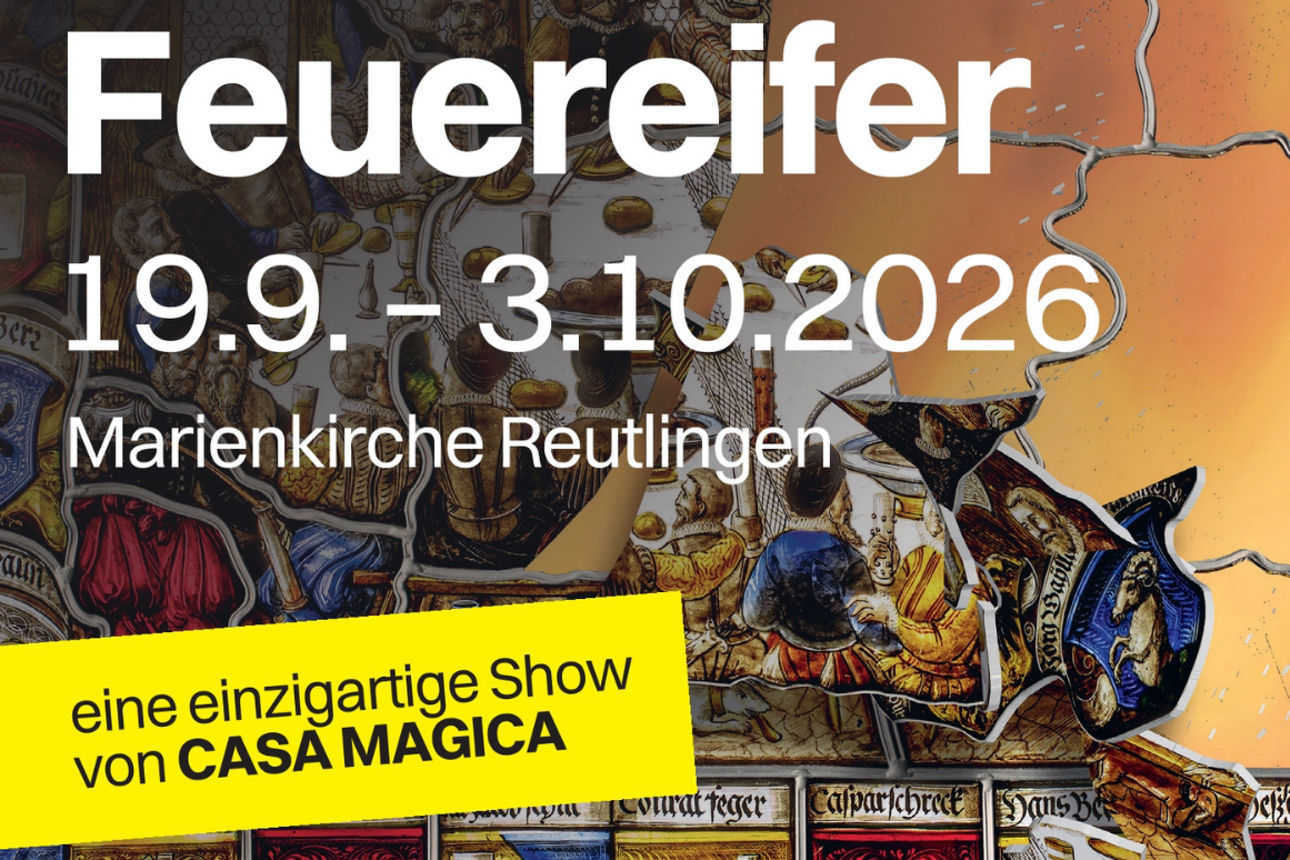 Veranstaltungsmotiv zu FEUEREIFER in der Marienkirche Reutlingen mit historischen Motiven und Feuerelementen.