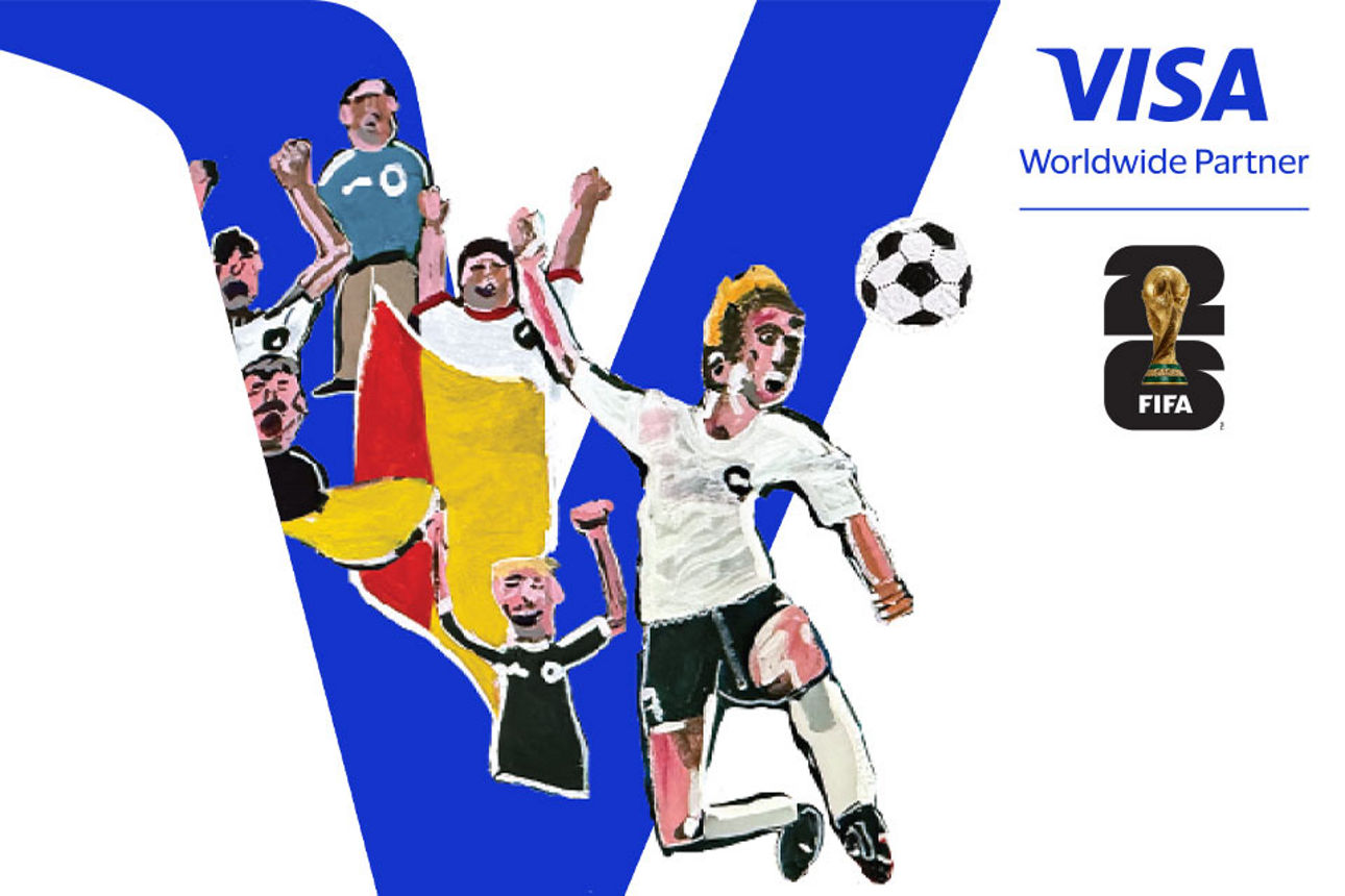 Großes blaues V und jubelnde Zeichentrick Fußballspieler