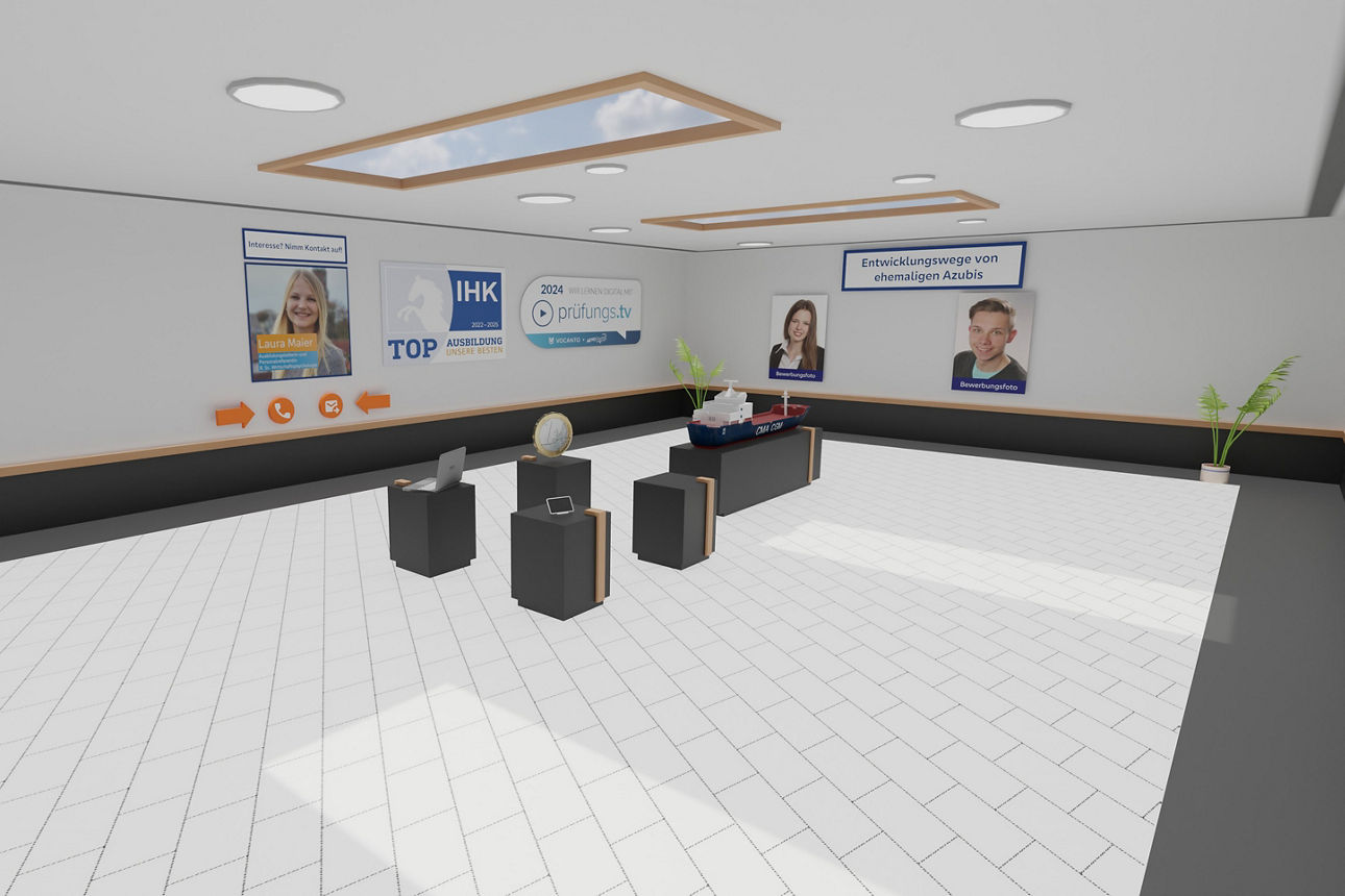 Schalterbereich der virtuellen Filiale mit zwei Bildern von virtuellen Mitarbeitern. 