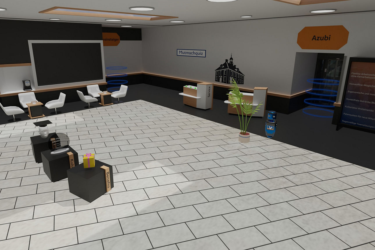 Wartebereich der virtuellen Filiale mit einem Monitor und virtuellen Sitzmöglichkeiten 