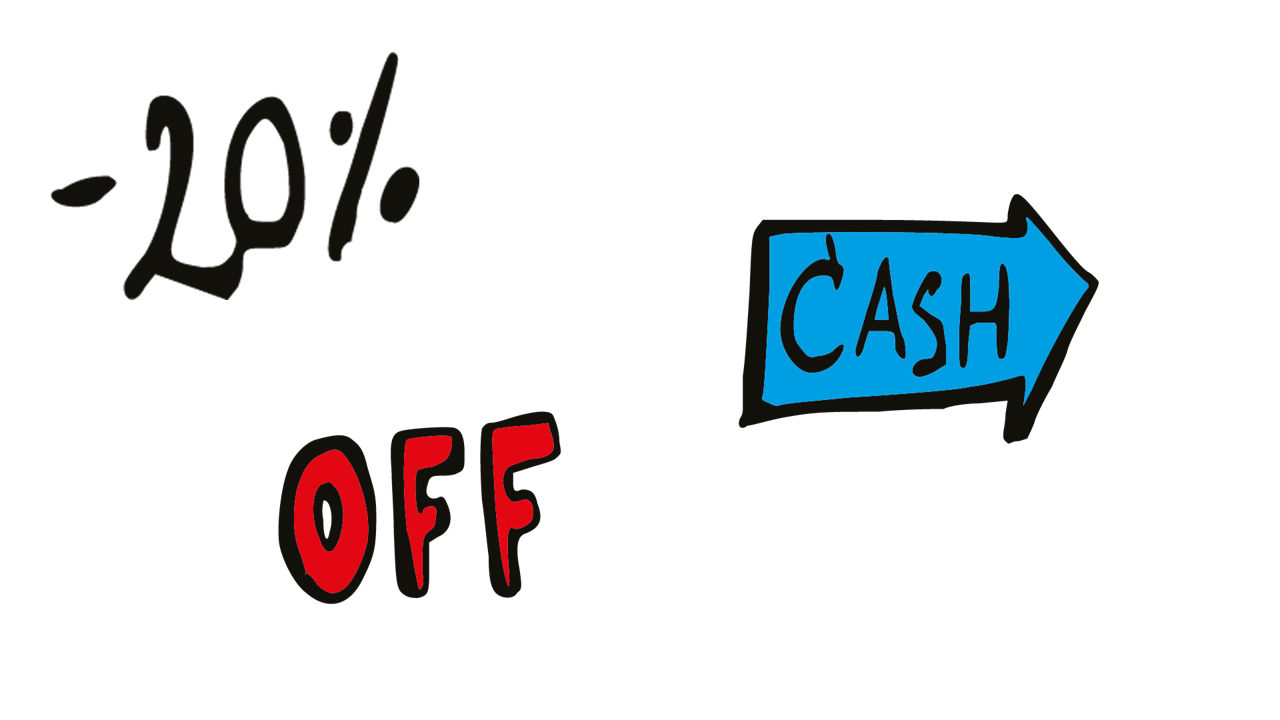 Zeichnungen von Angeboten: -20%, OFF, Cash in einem Pfeil