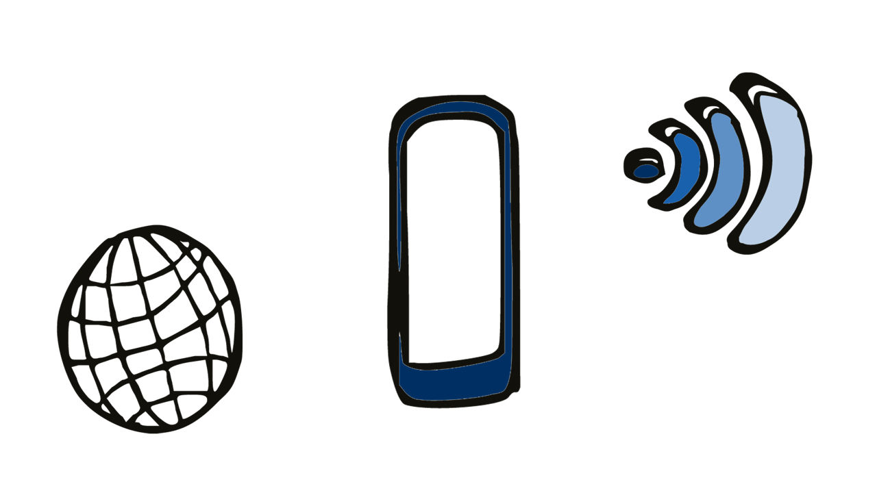 Zeichnungen einer Weltkugel mit Gitternet, eines Smartphones und WiFi-Symbol
