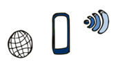 Zeichnungen einer Weltkugel mit Gitternet, eines Smartphones und WiFi-Symbol
