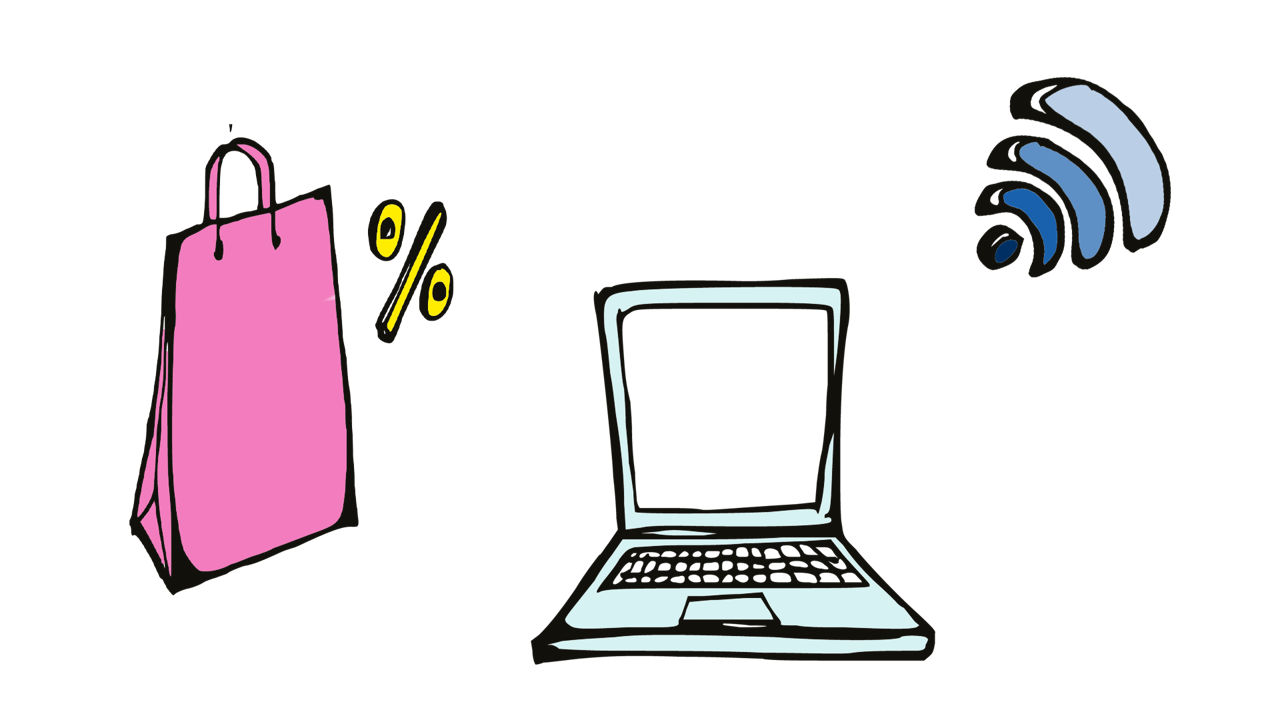 Zeichnungen einer Einkaufstasche mit %-Zeichen, eines Laptops und WiFi-Symbol
