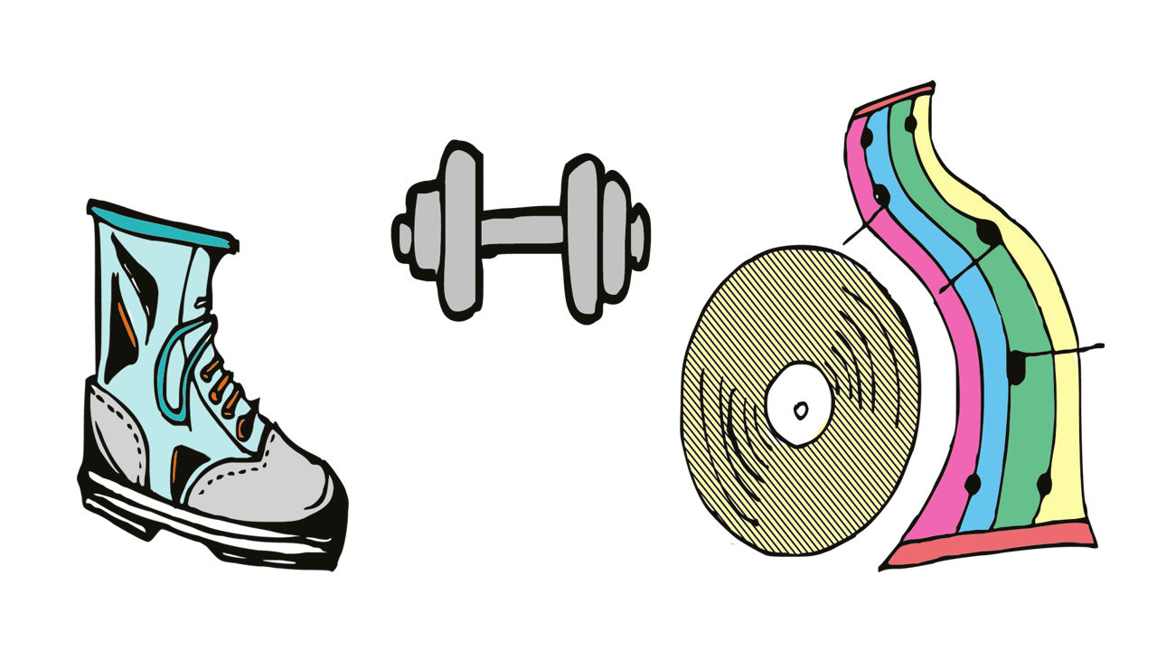Zeichnungen eines Schuhs, einer Hantel und Schallplatte mit Musiknoten