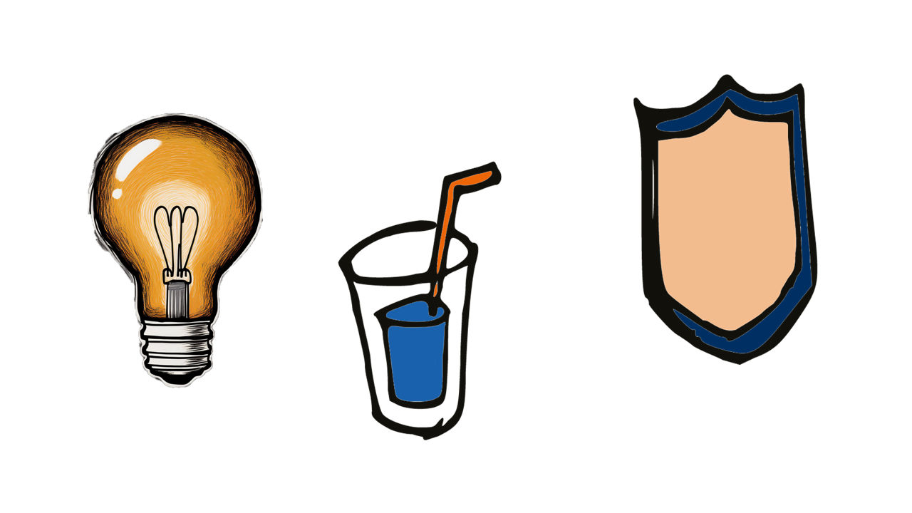 Zeichnungen einer Glühbirne, eines Glas Wassers und eines Schildes