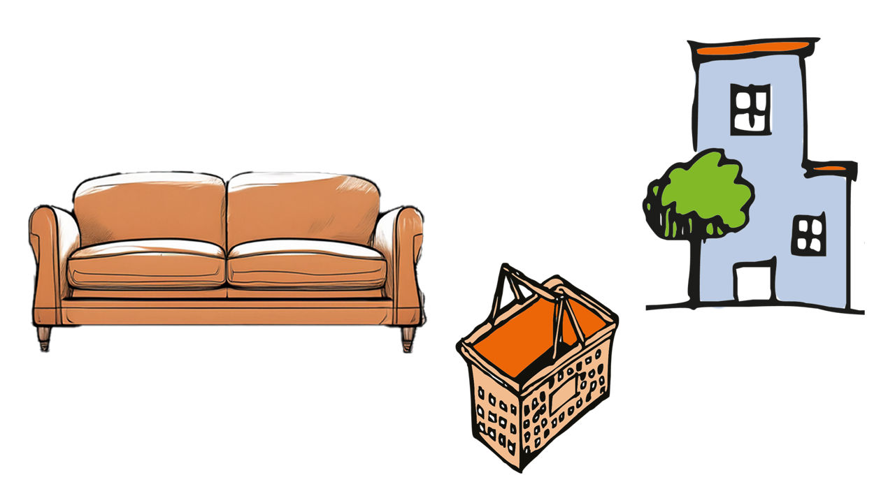Zeichnungen eines Sofas, Einkaufskorbs und Hauses