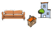 Zeichnungen eines Sofas, Einkaufskorbs und Hauses