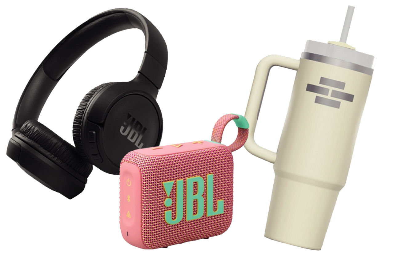 Prämiendarstellung (JBL Kopfhörer, JBL Musikbox, Trinkflasche)