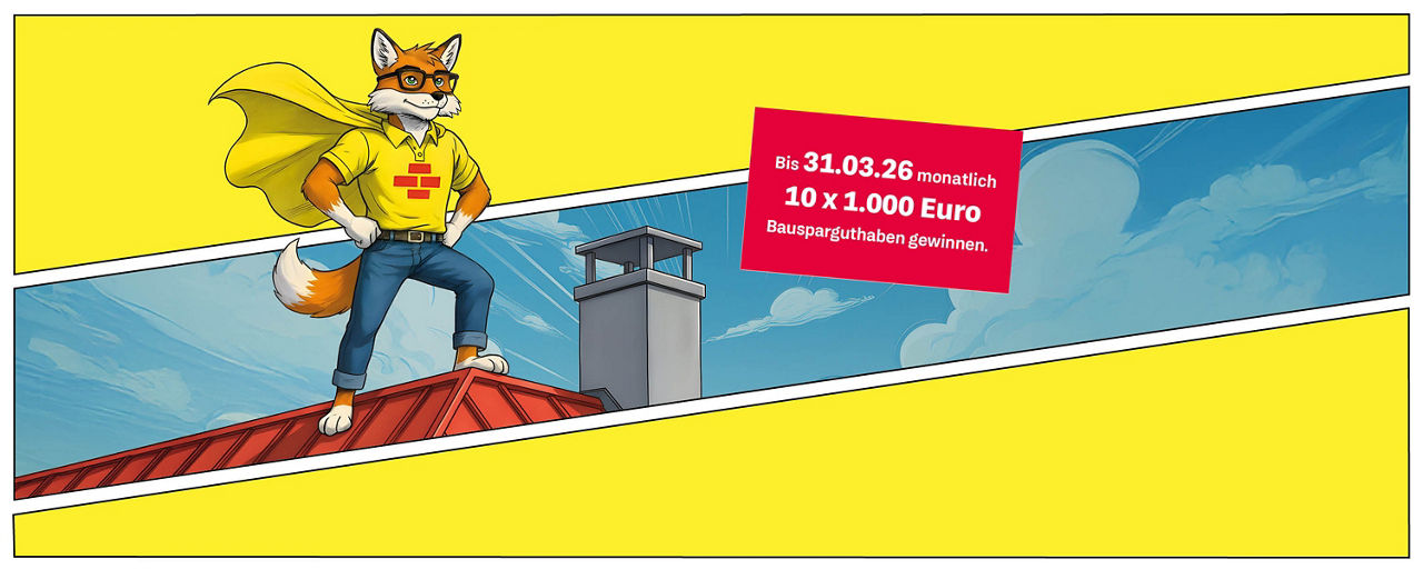 Fuchs mit Brille und Superhelden Cape auf Dach