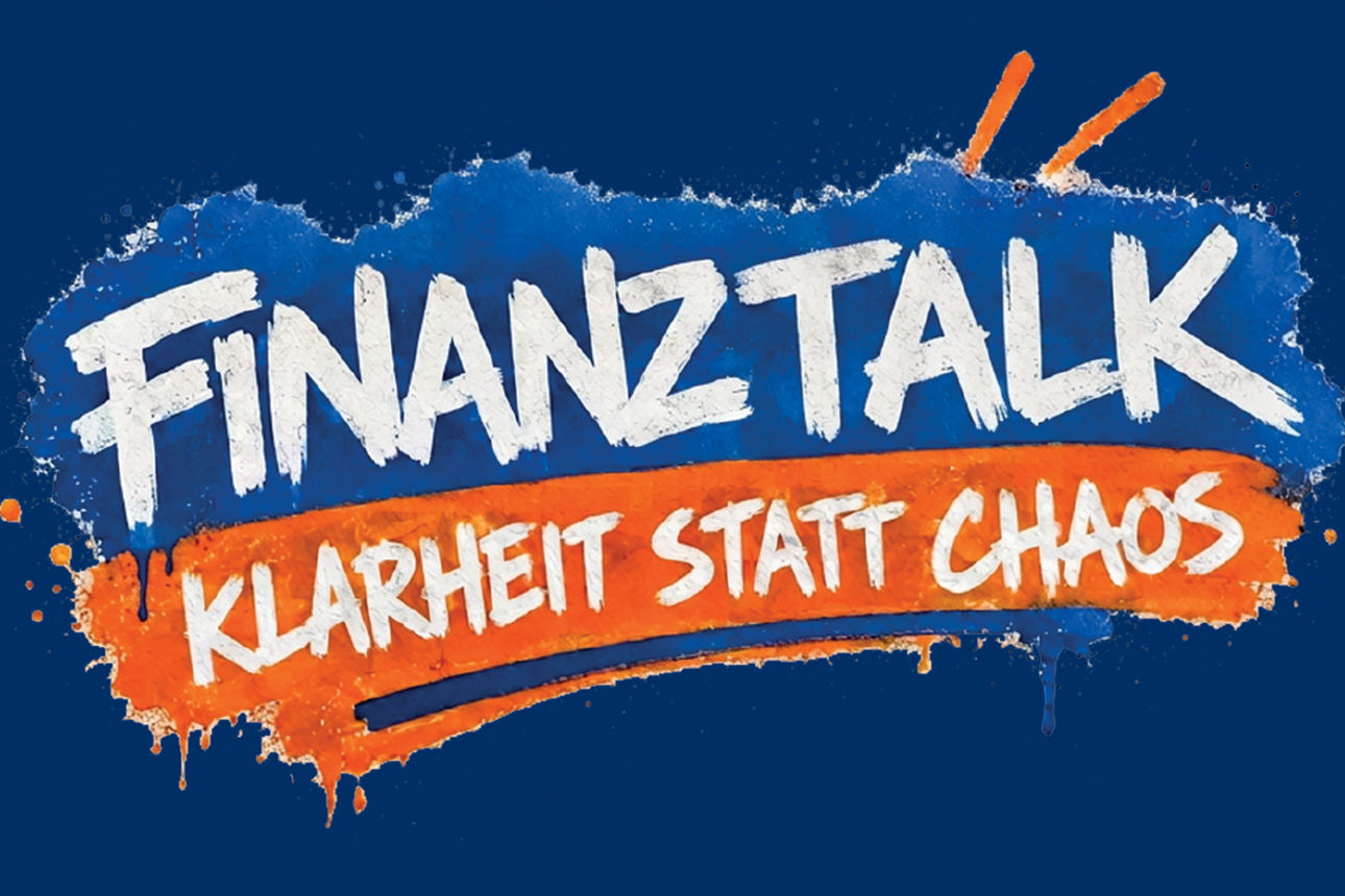 ein blau orangenes Graffiti mit der Aufschrift: Finanztalk Klarheit statt Chaos