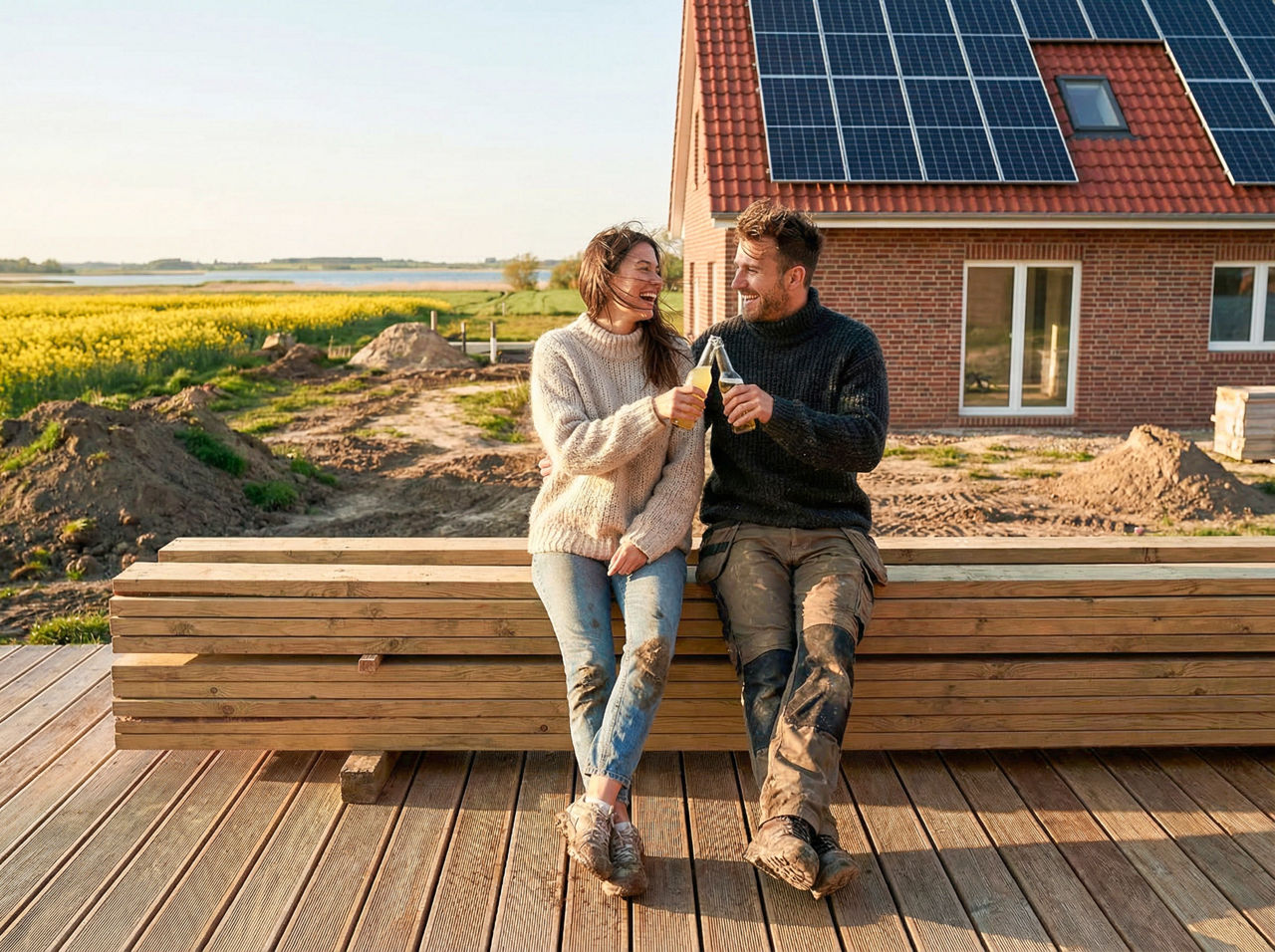 Paar sitzt zufrieden auf einer unfertiger Holzterasse ihres Neubaus in Vorpommern (KI-generiert)