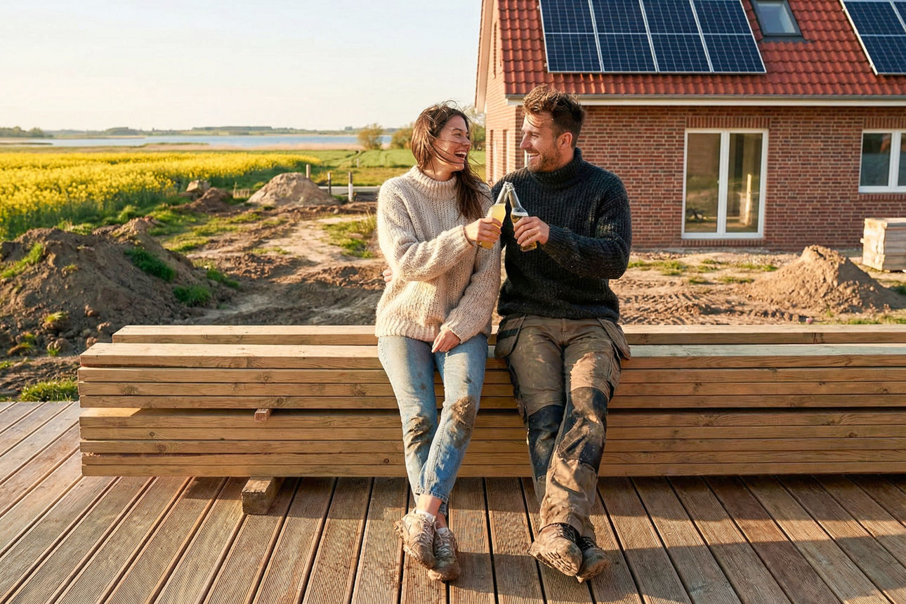 Paar sitzt zufrieden auf einer unfertiger Holzterasse ihres Neubaus in Vorpommern (KI-generiert)