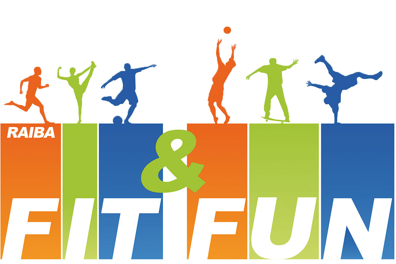 Fit&Fun Logo: weiße Schrift auf bunten Blöcken. Auf den Blöcken machen Figuren verschiedene Sportübungen