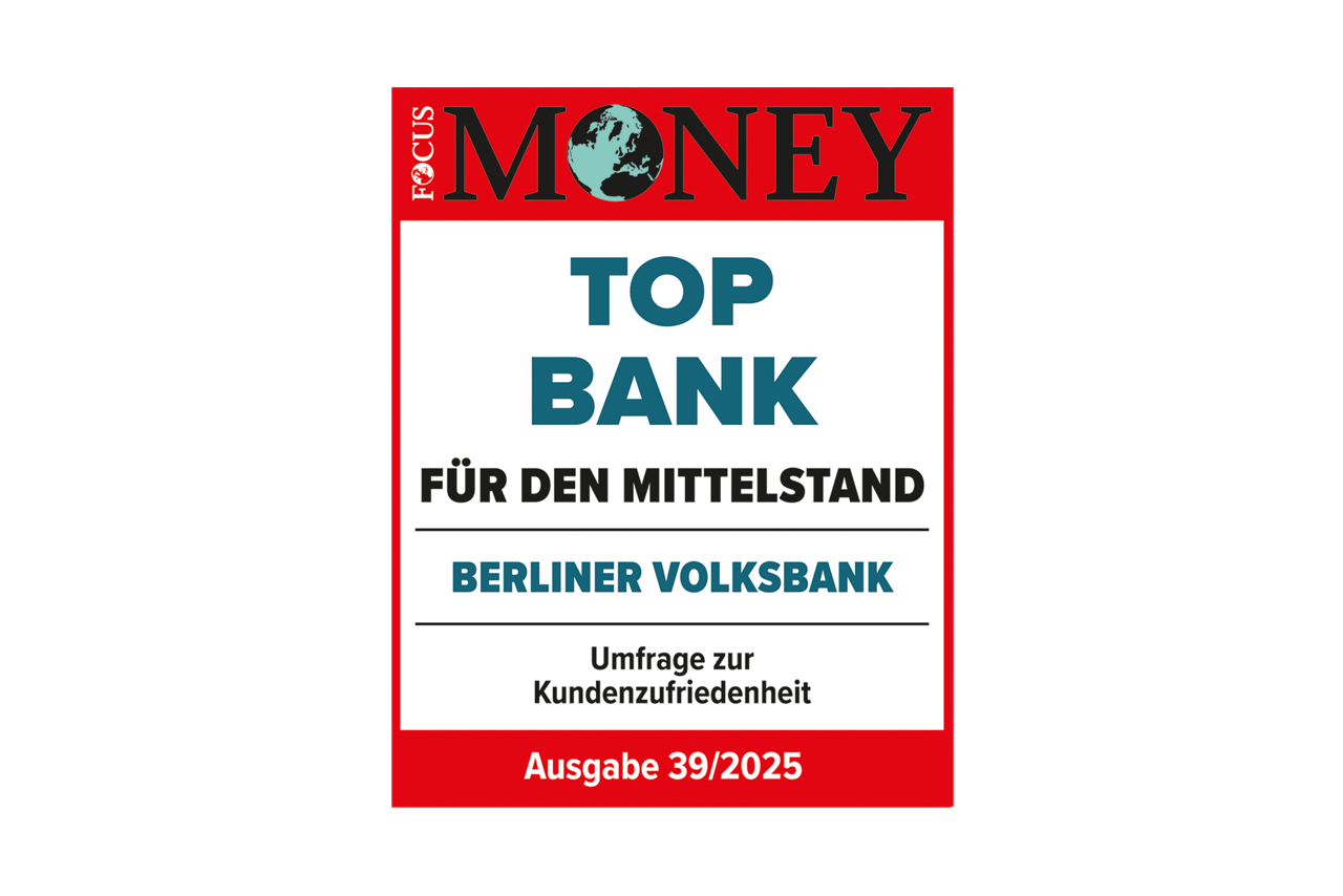 FocusMoney Umfrage zur Kundenzufriedenheit - Siegel Berliner Volksbank für Top Bank für den Mittelstand