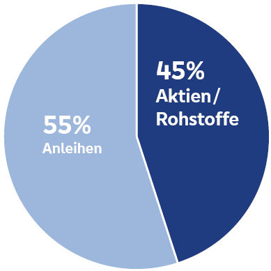 Kreisdiagramm 55 % Anleihen und 45 % Rohstoffe / Aktien