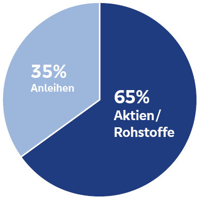 Kreisdiagramm 35 % Anleihen und 65 % Rohstoffe / Aktien