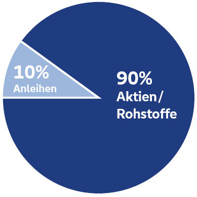 Kreisdiagramm 10 % Anleihen und 90 % Rohstoffe / Aktien
