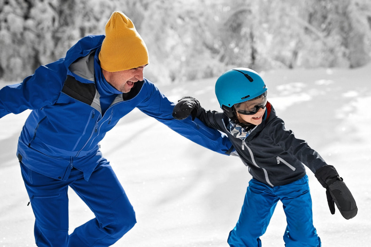 Vater lernt mit seinem Kind Snowboard fahren