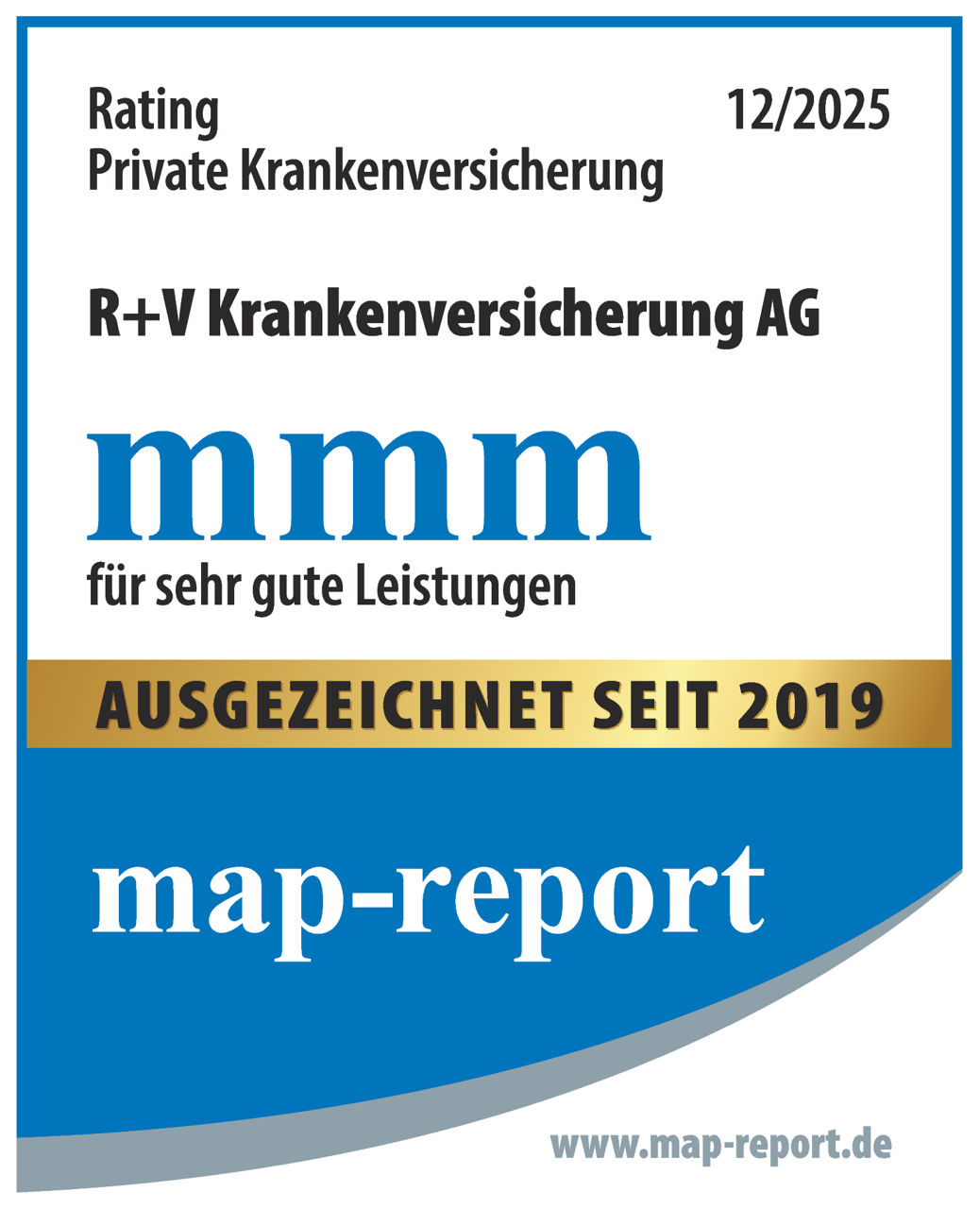 Testsiegel von map-report mit dem Urteil „mmm“ (sehr gute Leistungen) für die R+V Krankenversicherung AG