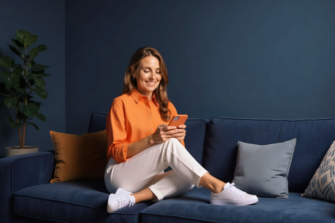 Frau mit Handy auf Sofa