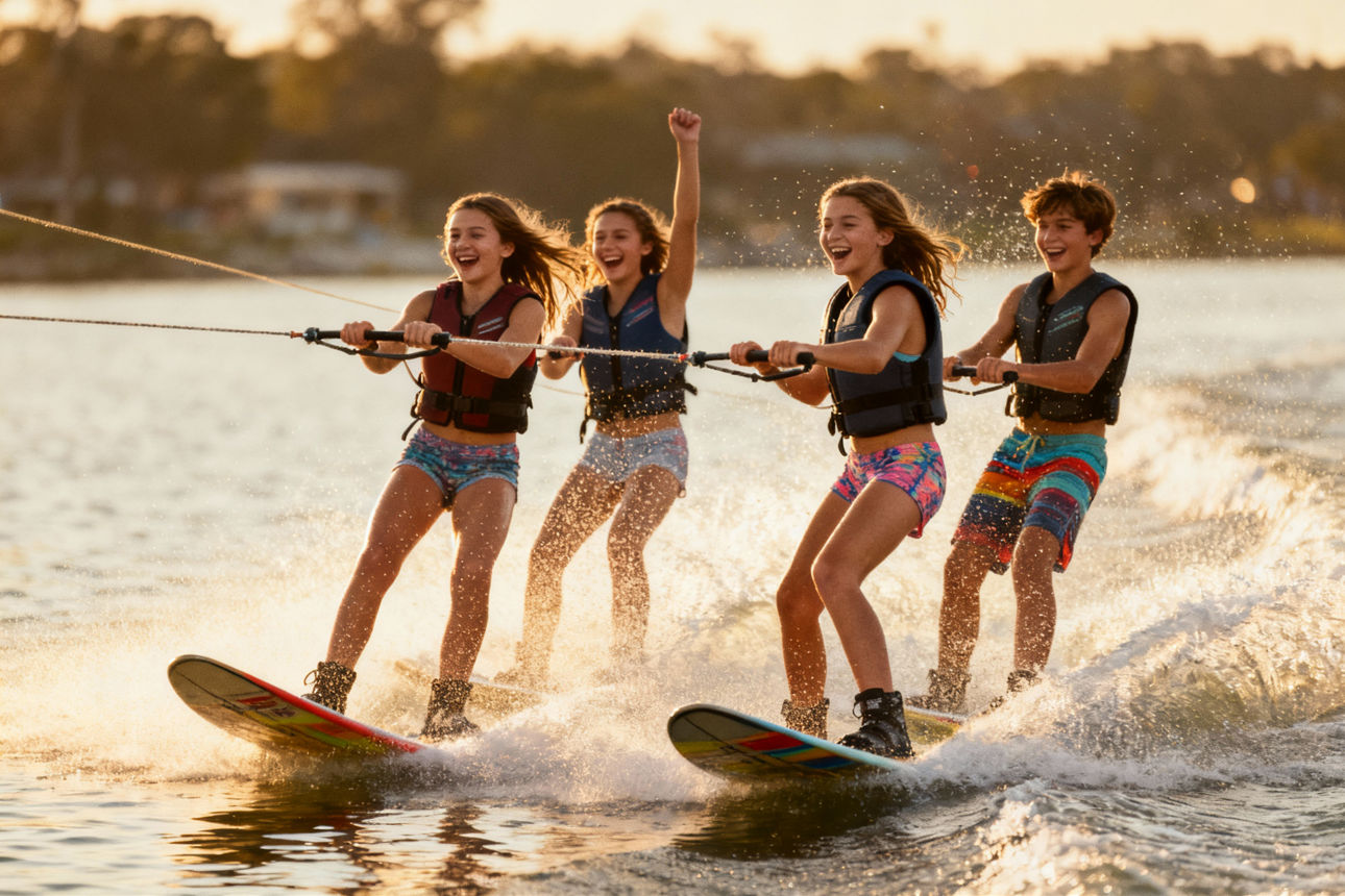 Vier Kinder auf einem See am Wasserski fahren 