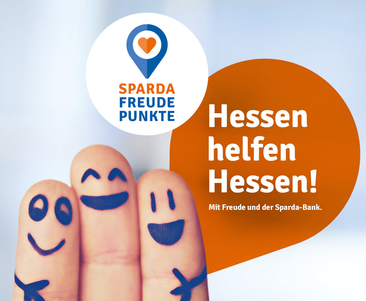 Drei Finger mit aufgemalten Gesichtern und ein Text: Hessen helfen Hessen!
