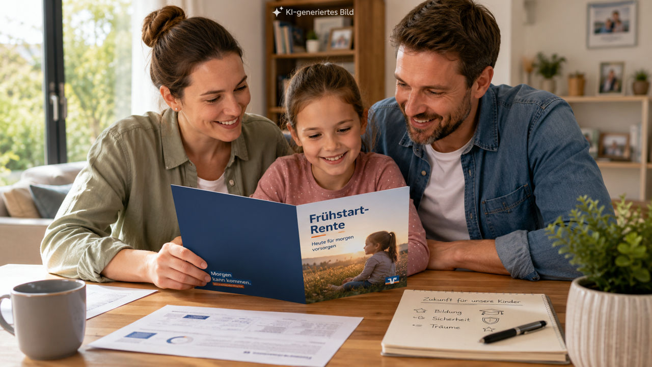 Familie liest Informationsmaterial