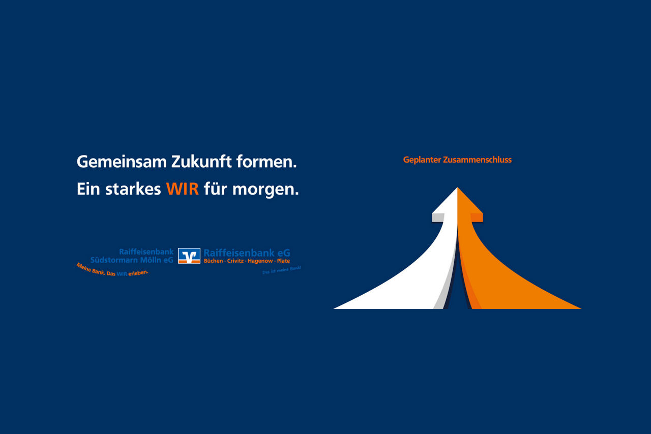 Fusion mit Pfeil und Slogan