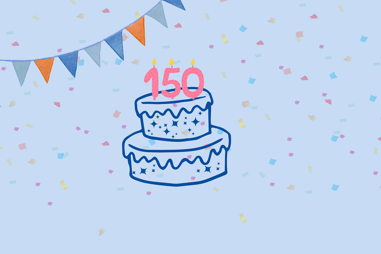 Piktogramm einer Geburtstagstorte mit einer als Kerzen brennnenden 150, dazu eine Girlande und Konfetti.