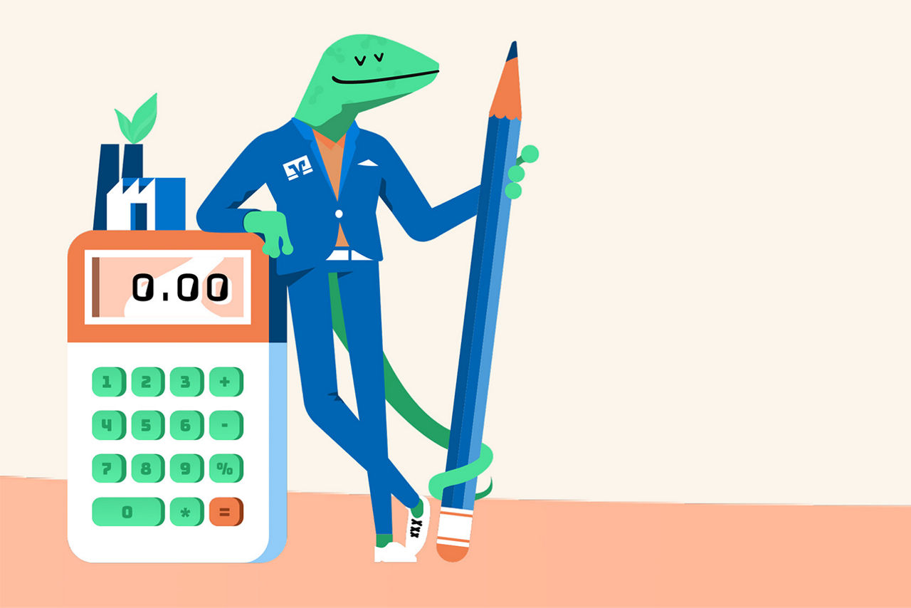 Illustration mit Taschenrechner, Bleistift und einem Gecko