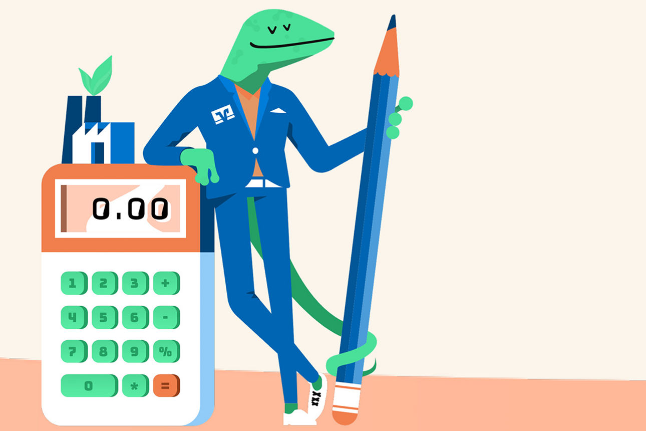 Illustration mit Taschenrechner, Bleistift und einem Gecko