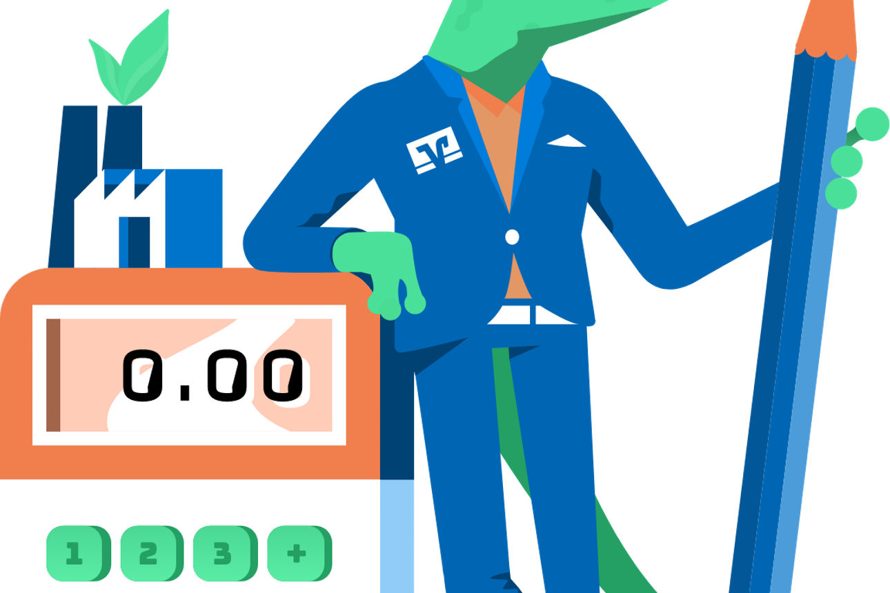 Sie sehen ein Taschenrechner, nebendran ein Gecko.