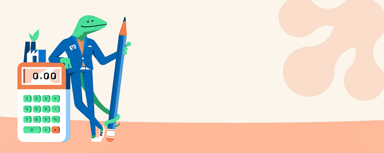 Illustration mit Taschenrechner, Bleistift und einem Gecko