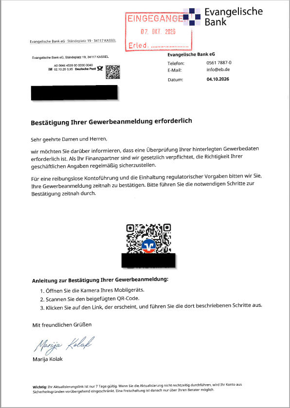 Bild von einem gefälschten Anschreiben mit dem Logo der Evangelischen Bank.