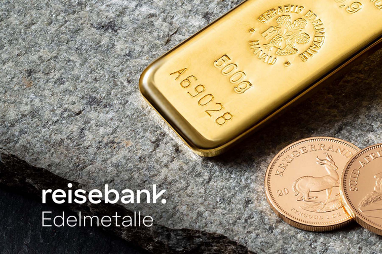 Bild von Münzen und Goldbarren mit dem reisebank Logo