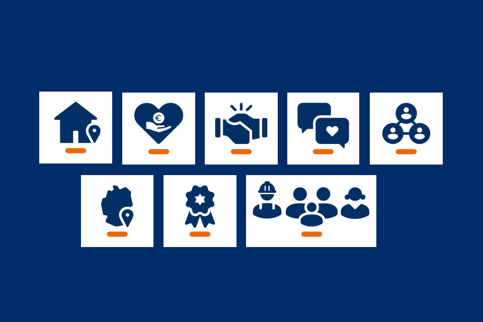 Blauer Hintergrund, auf dem verschiedenen Icons zum Thema „Gemeinsam stark für die Zukunft“ sitzen
