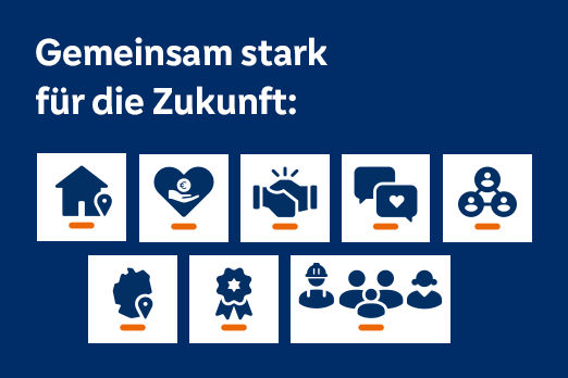 Blauer Hintergrund, auf dem verschiedenen Icons zum Thema „Gemeinsam stark für die Zukunft“ sitzen