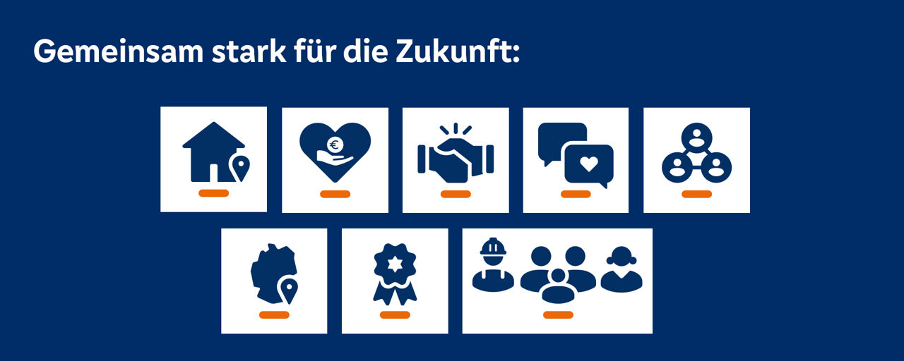 Blauer Hintergrund, auf dem verschiedenen Icons zum Thema „Gemeinsam stark für die Zukunft“ sitzen