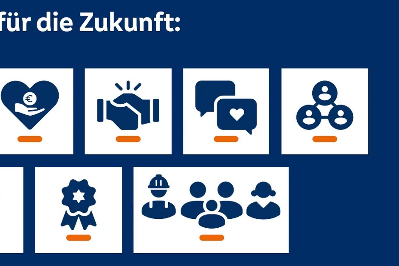 Blauer Hintergrund, auf dem verschiedenen Icons zum Thema „Gemeinsam stark für die Zukunft“ sitzen