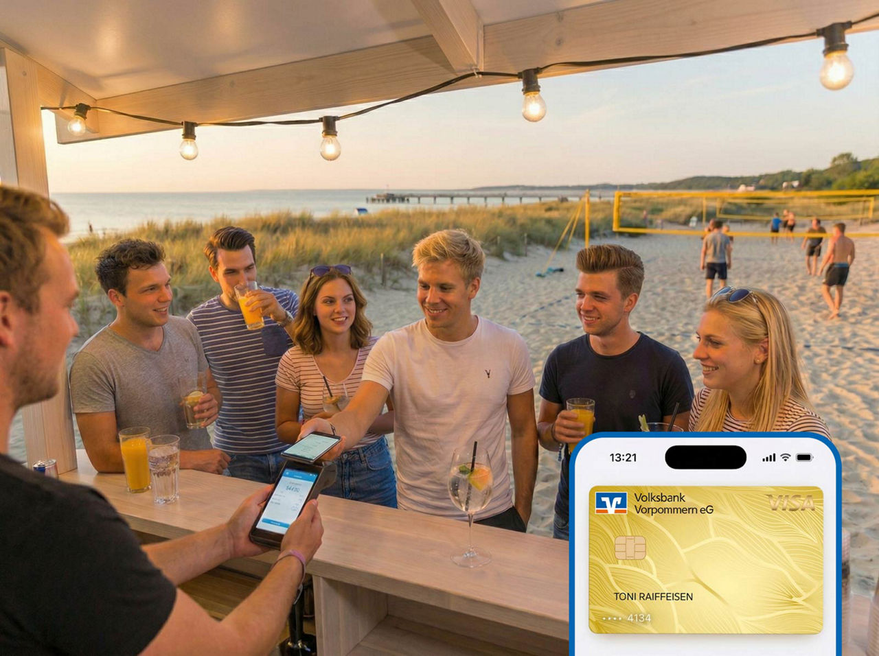 Junge Erwachsene feiern am Strand (KI-generiert)
