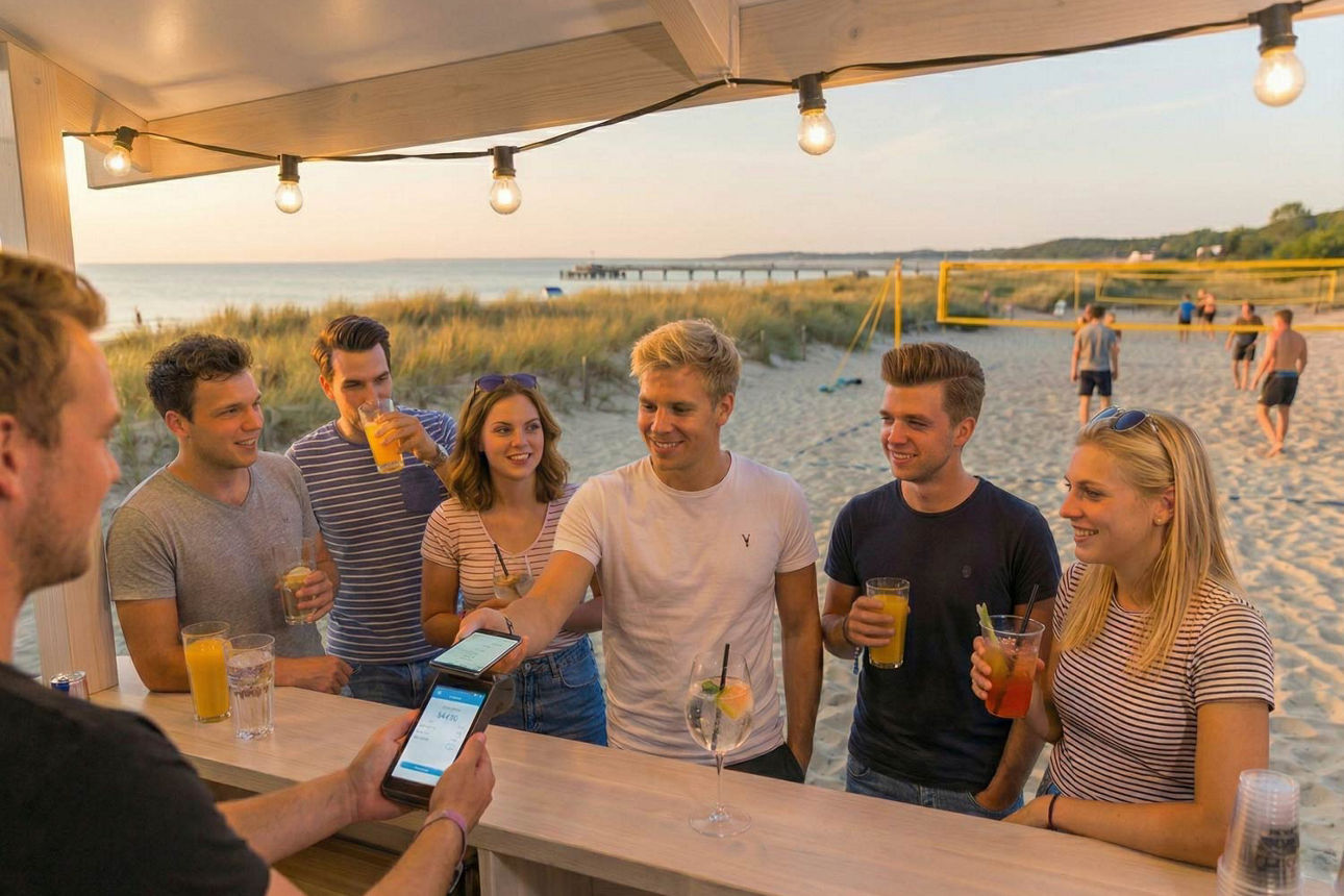 Junge Erwachsene feiern am Strand (KI-generiert)
