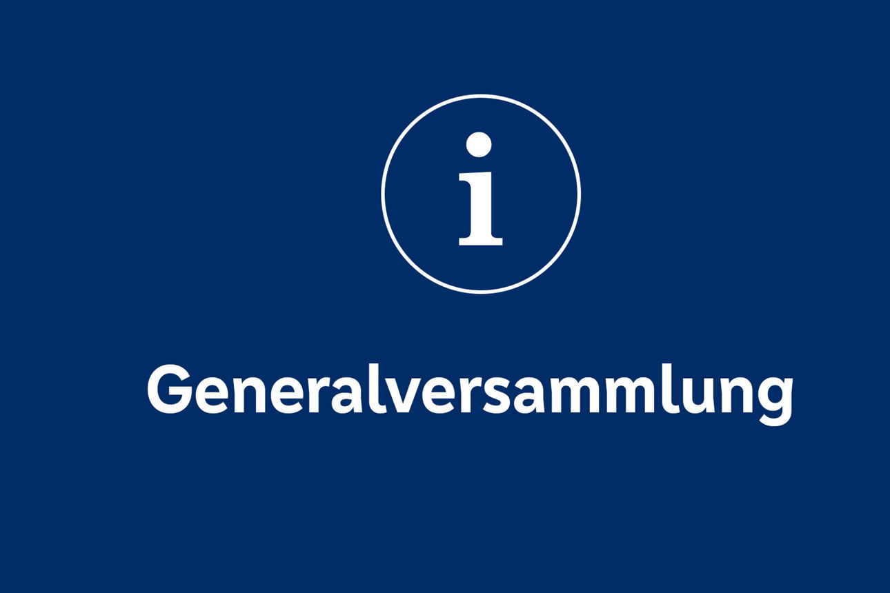Text "Generalversammlung" mit Info-Icon auf blauem Hintergrund