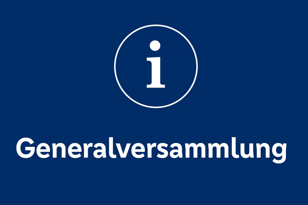 Weißes Infosymbol mit dem Text Generalversammlung auf einem blauen Hintergrund