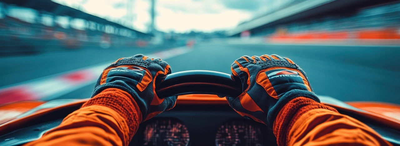 Hände am Steuer eines Rennautos