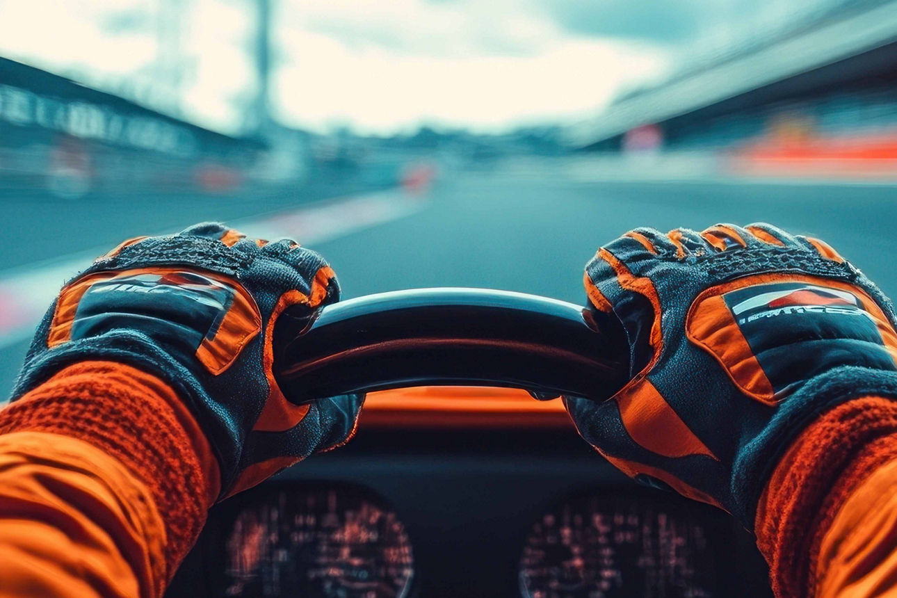 Hände am Steuer eines Rennautos